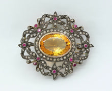 Load image into Gallery viewer, Victorian Revival 18K 14K 925 Citrine Diamonds Rubies Brooch Pendant
