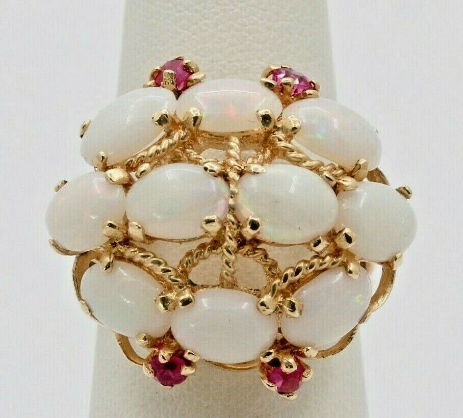 Vintage 14K Yellow Gold Opal Cluster Ruby Ring
