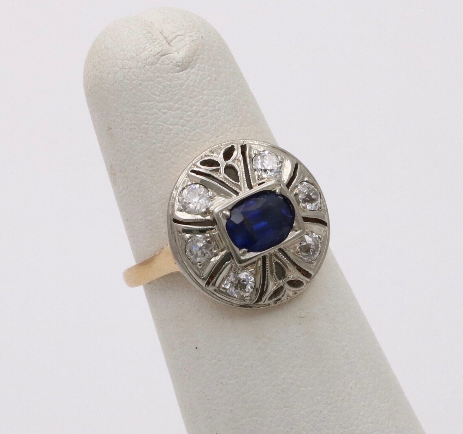 Art Deco Sapphire Diamond 14K White Yellow Gold Ring