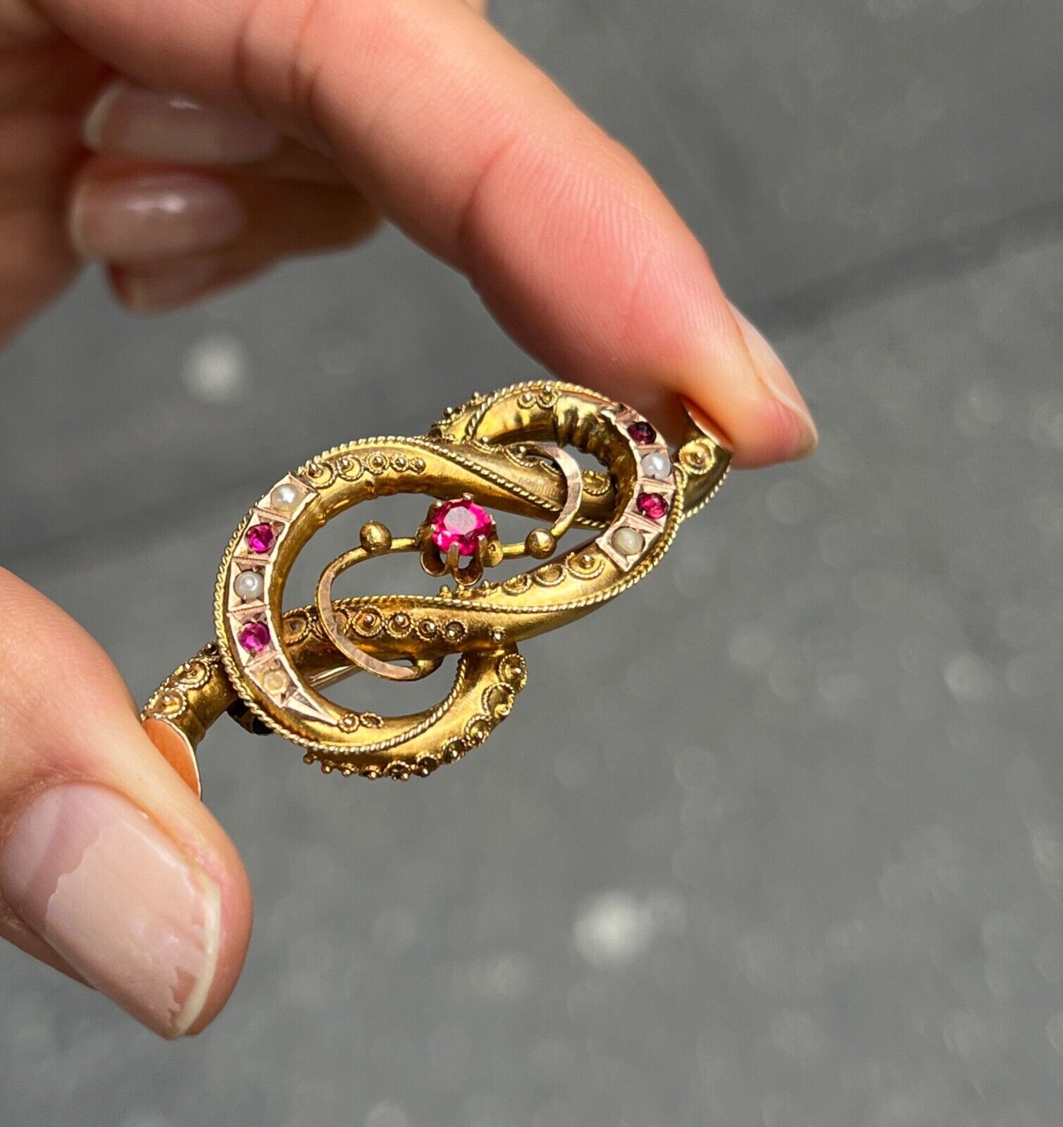 Victorian 12K Yellow Gold Ruby And Split Pearl Infinity love Knot Brooch