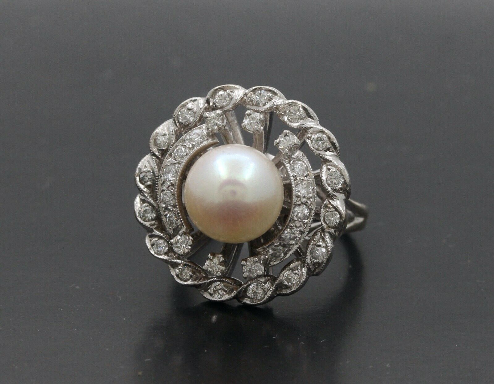 Vintage 14K White Gold Pearl Diamond Floral Ring