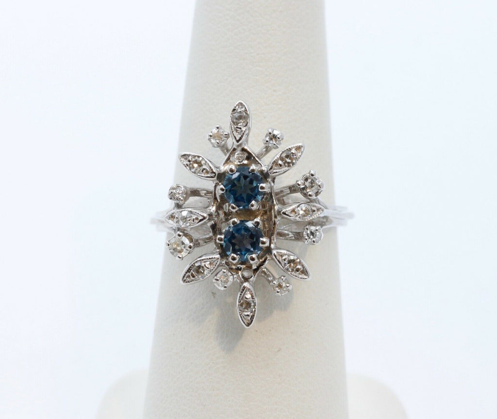 Vintage Flower London Blue Topaz Diamonds 14K White Gold Ring
