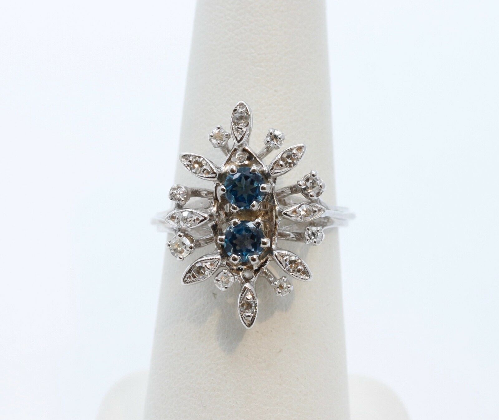 Vintage Flower London Blue Topaz Diamonds 14K White Gold Ring