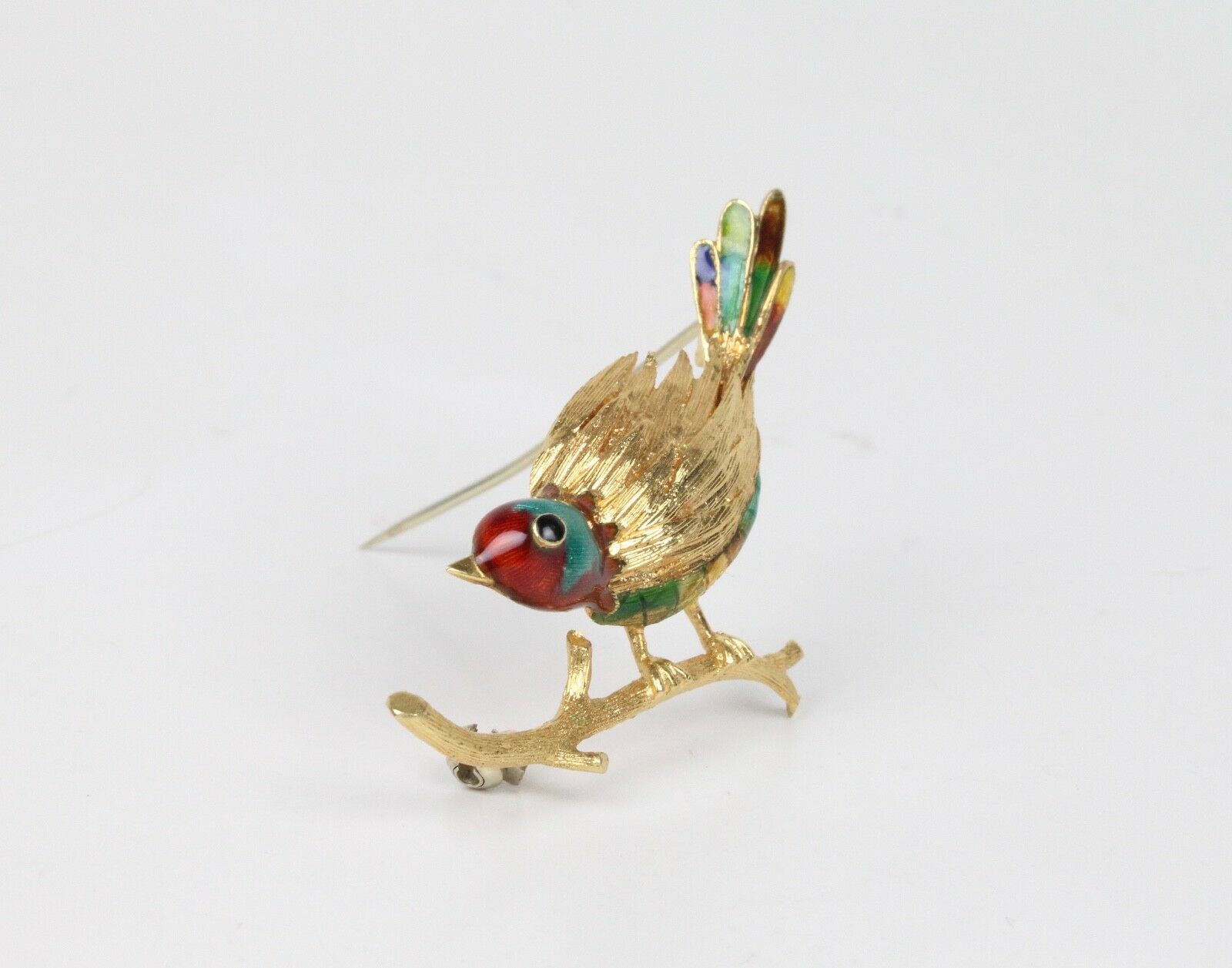 Vintage 18K Yellow Gold Enamel Bird Brooch Pin