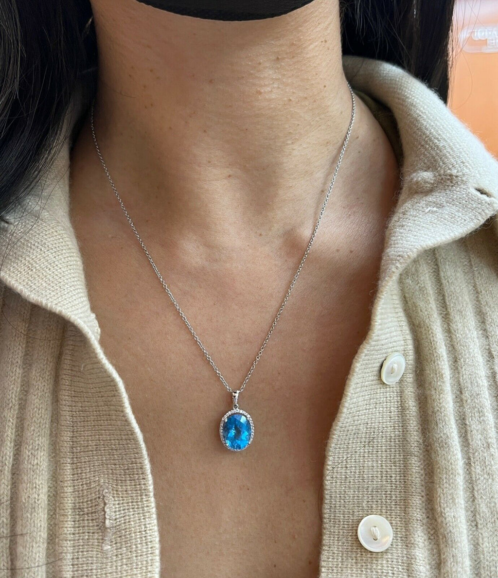 Classic 14K White Gold blue Topaz Diamond Halo Pendant Necklace.