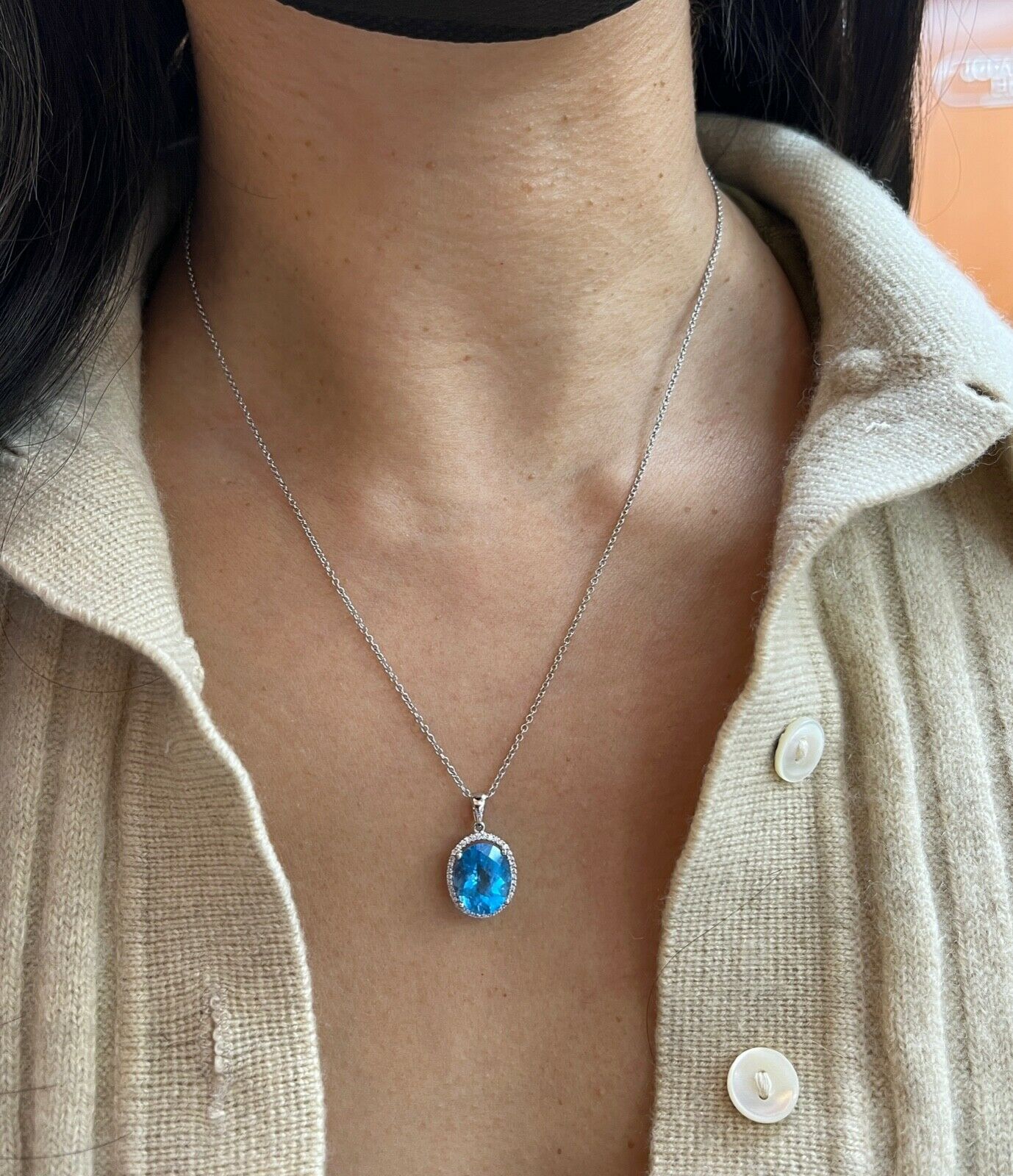 Classic 14K White Gold blue Topaz Diamond Halo Pendant Necklace.
