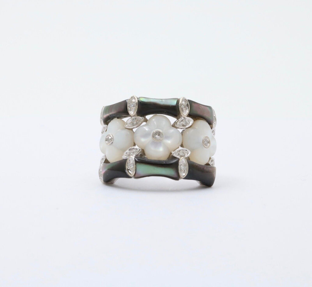 Vintage C&S Flower Moonstones Diamonds 14K White Gold Ring