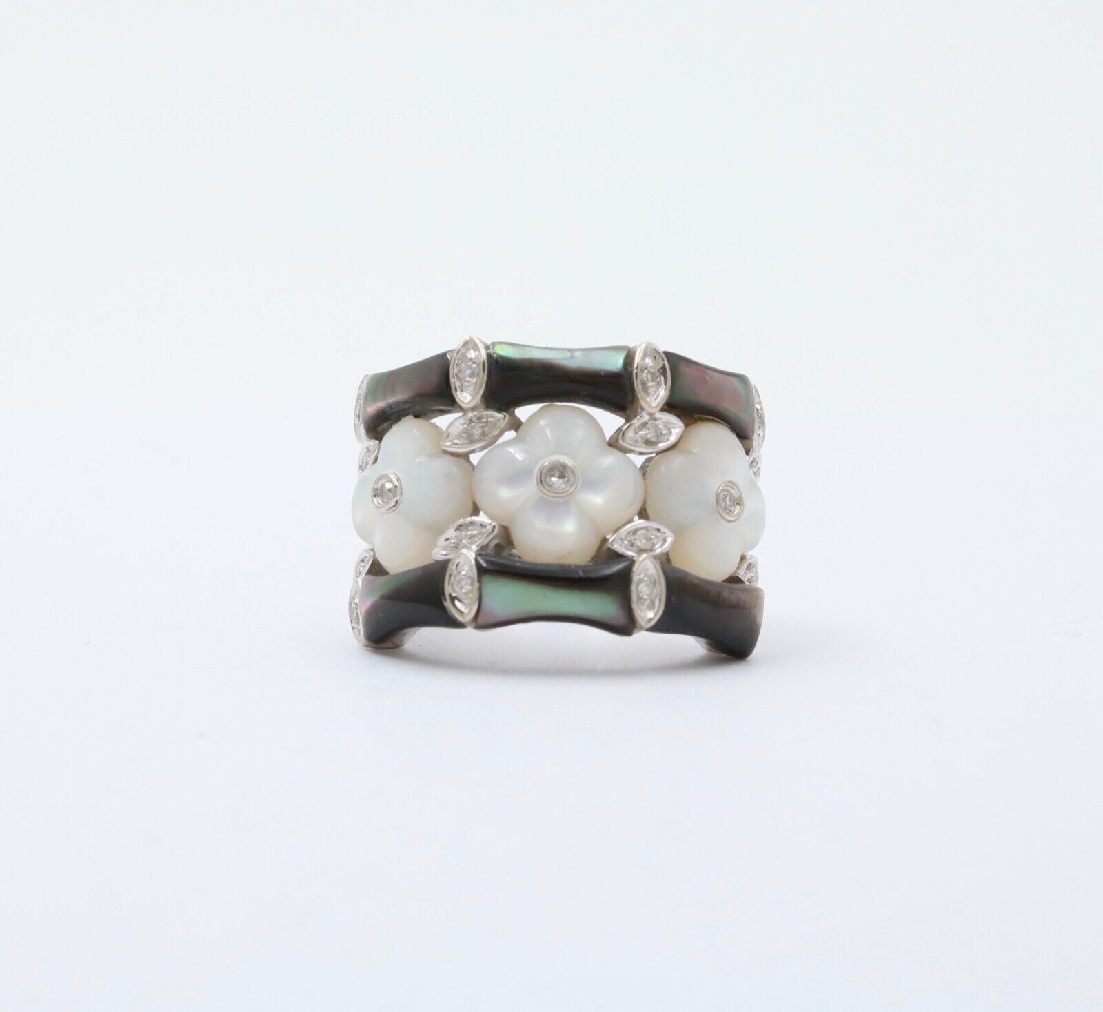 Vintage C&S Flower Moonstones Diamonds 14K White Gold Ring