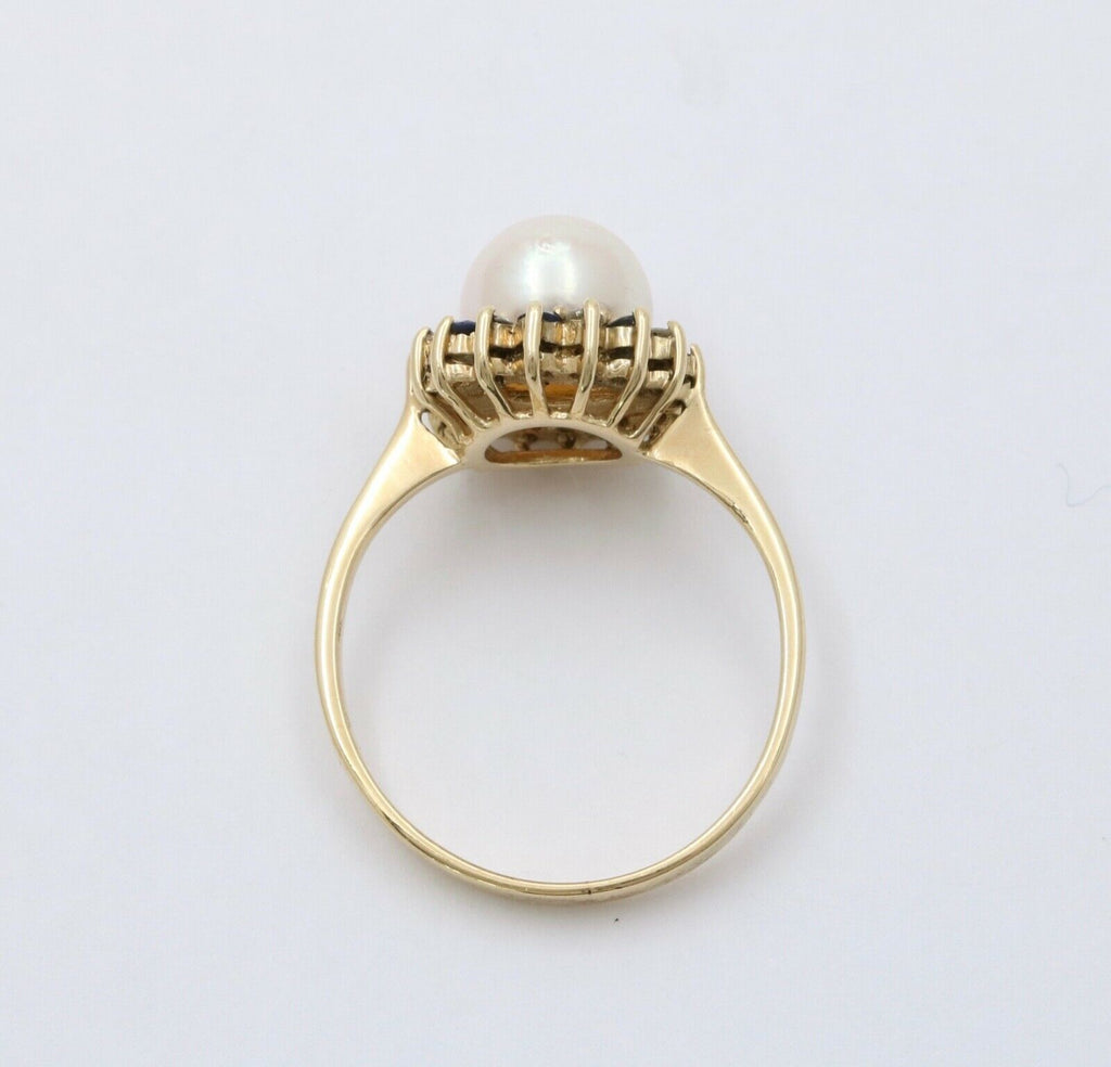Vintage Pearl Sapphires Diamonds Cluster 14K Yellow Gold Ring