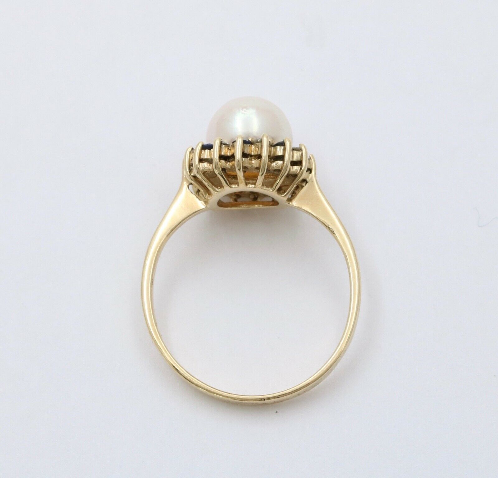Vintage Pearl Sapphires Diamonds Cluster 14K Yellow Gold Ring