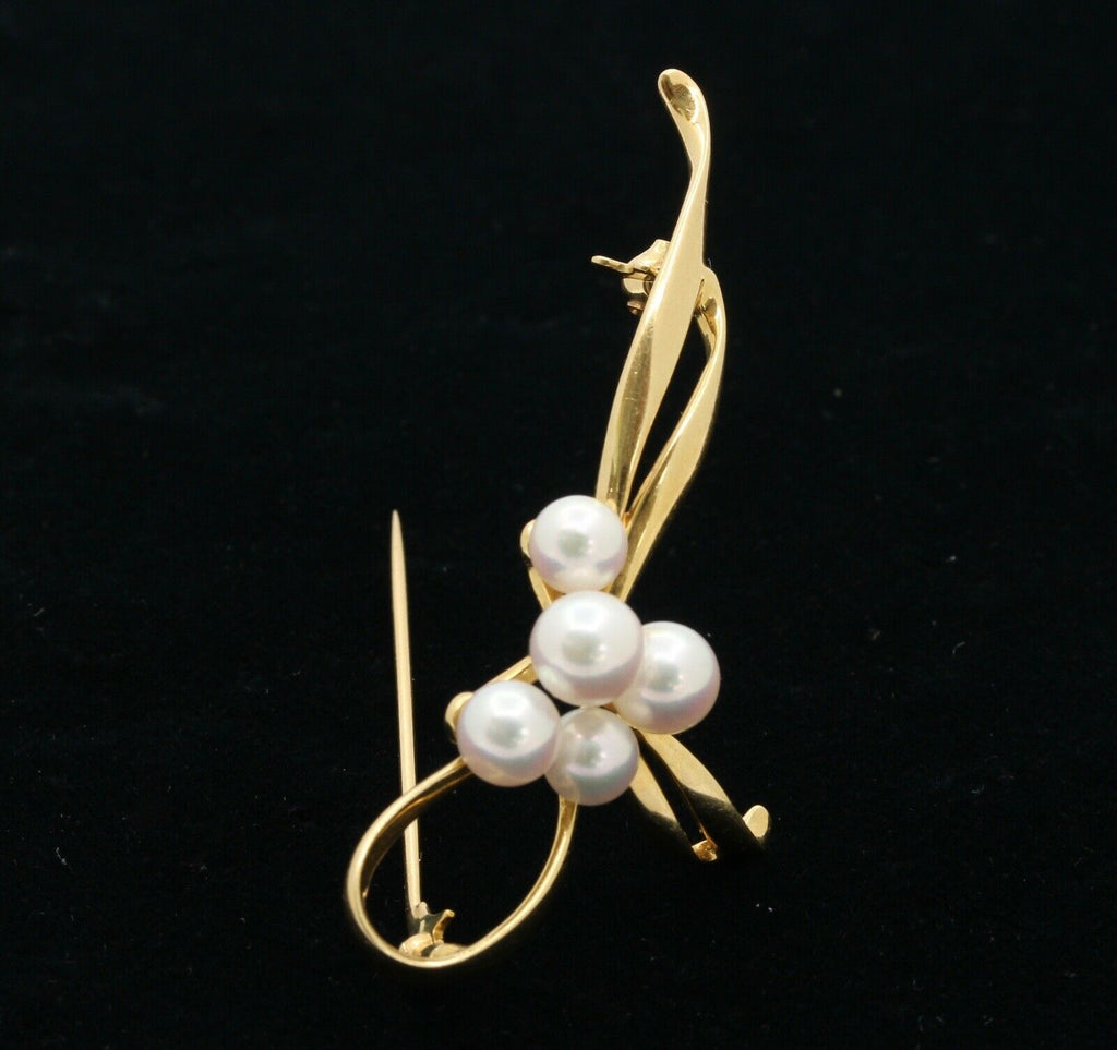 Vintage Mikimoto 18K Yellow Gold Akoya Pearls Brooch Pin