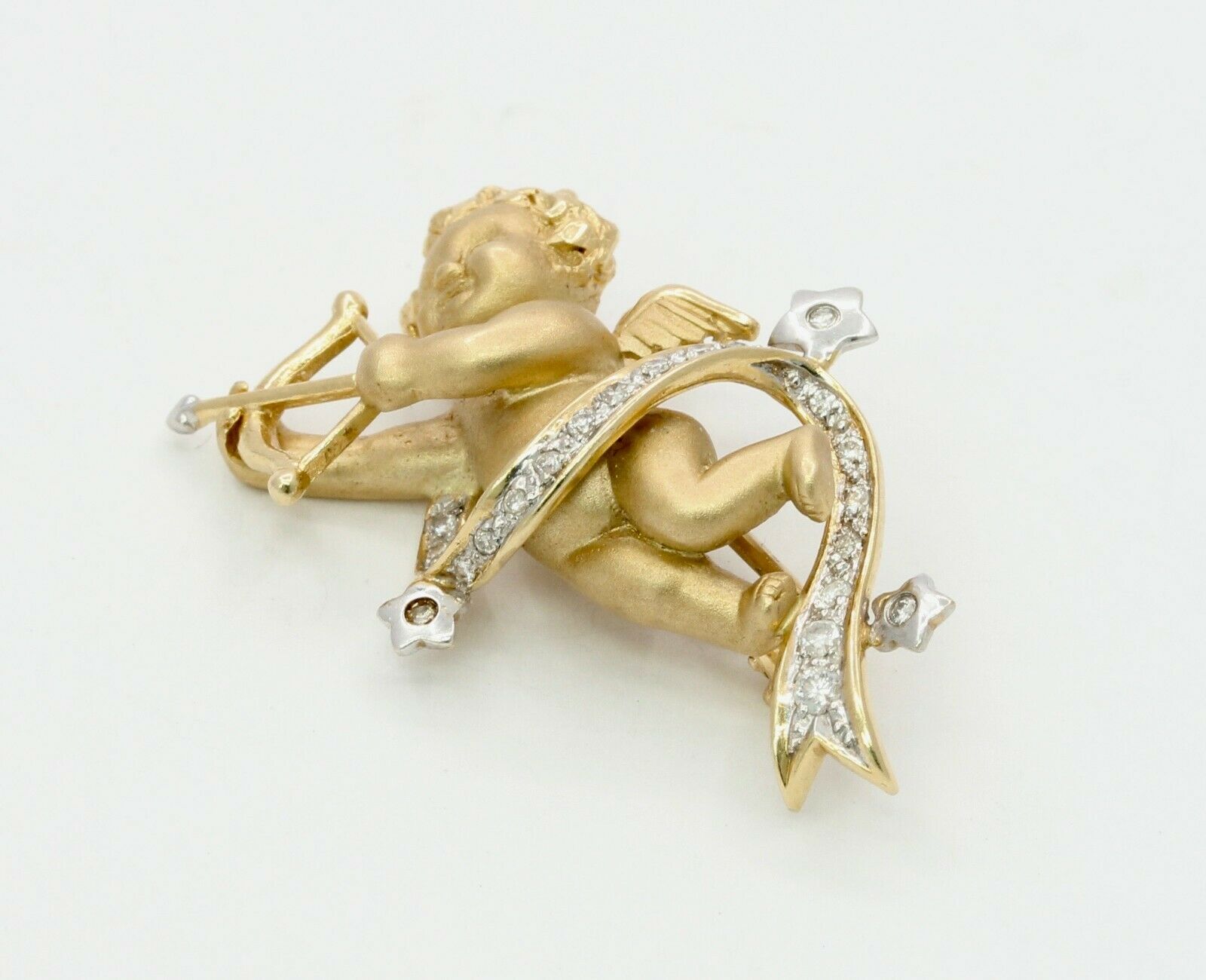 Vintage 14K Yellow Gold Diamond Cupid Brooch