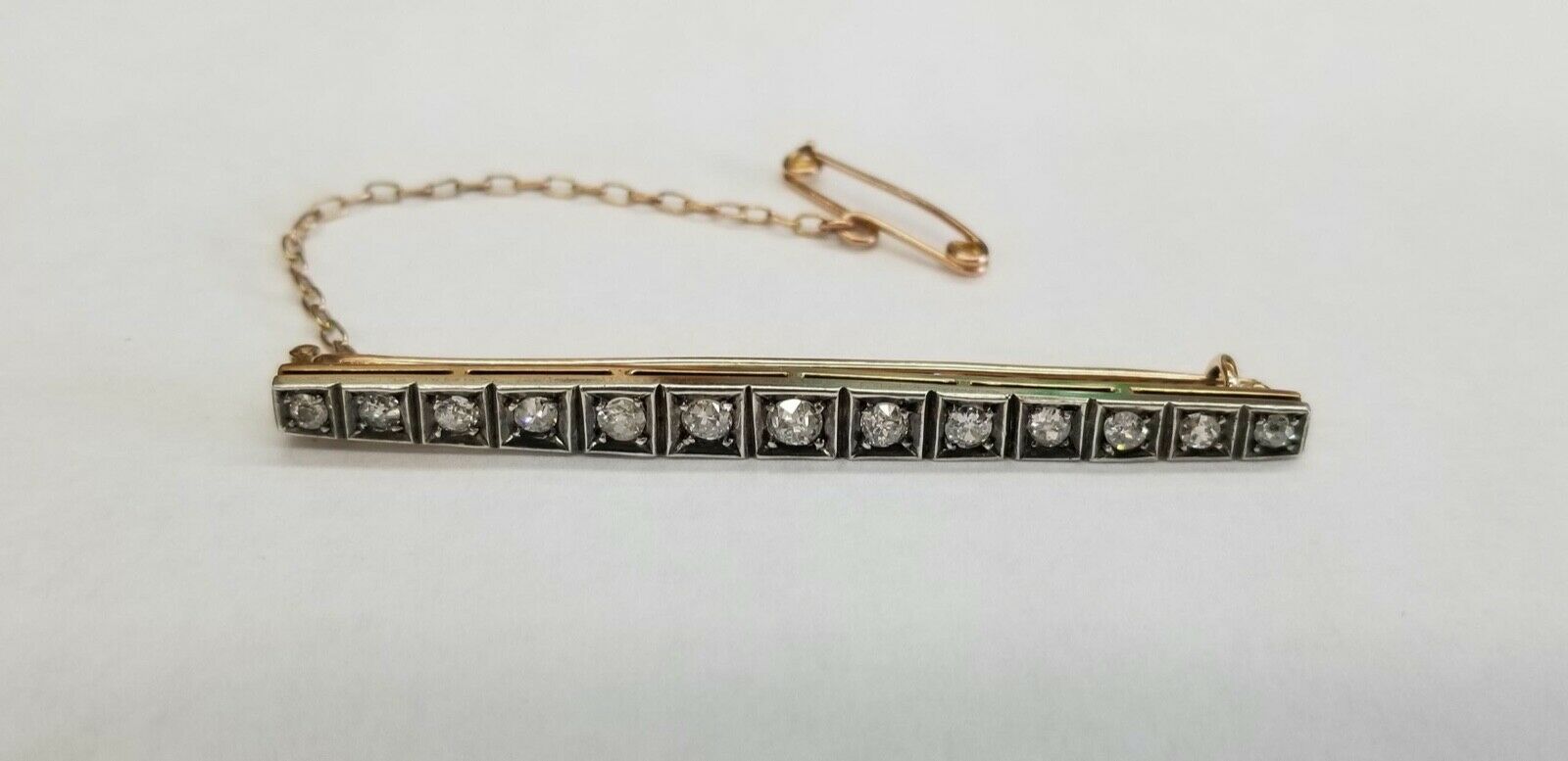 Edwardian Victorian Diamonds 14K Rose Gold Silver Bar Pin