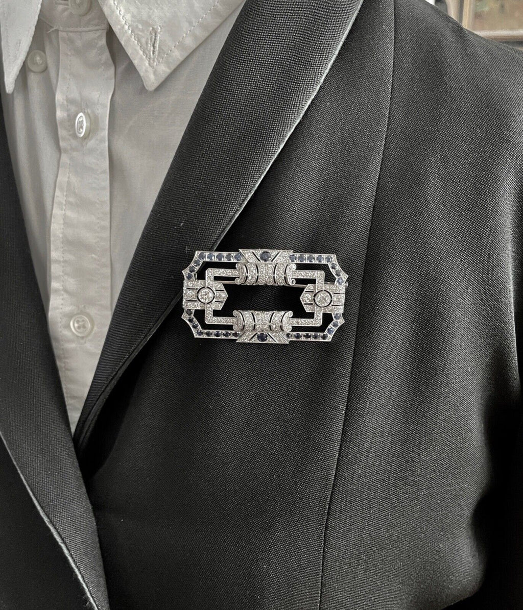 Art Deco Platinum Diamond & Sapphire Brooch, Pin