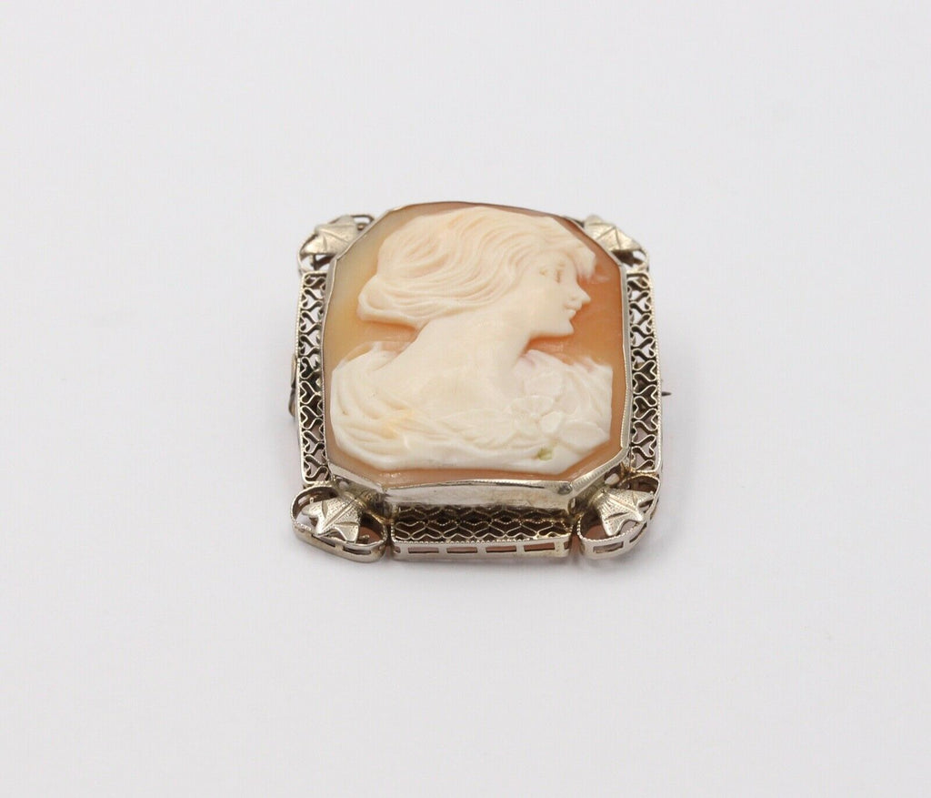 Victorian Adorable Carved Shell Cameo Woman's Portrait Filigree Brooch, Pin. Pen