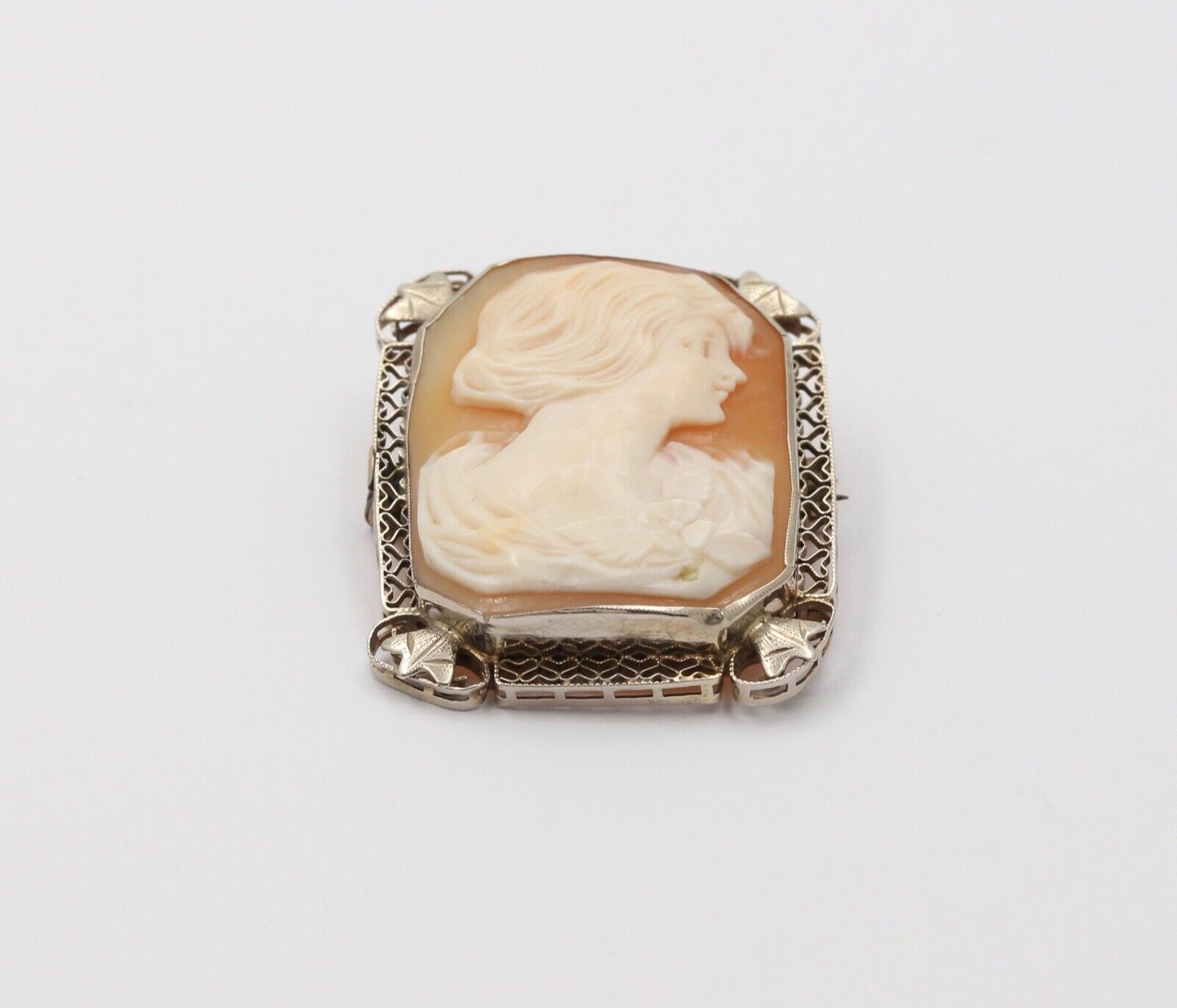 Victorian Adorable Carved Shell Cameo Woman's Portrait Filigree Brooch, Pin. Pen