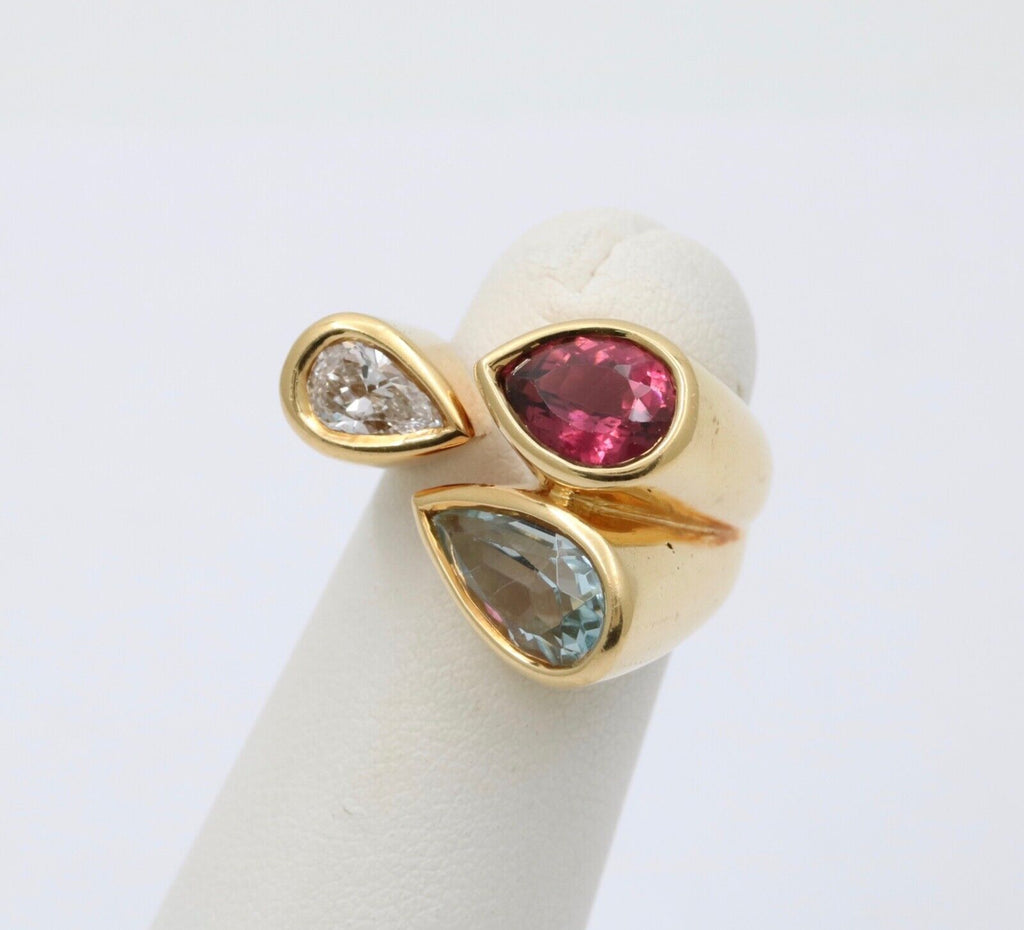 Vintage Geometric Diamond Aquamarine Tourmaline 18K Yellow Gold Ring