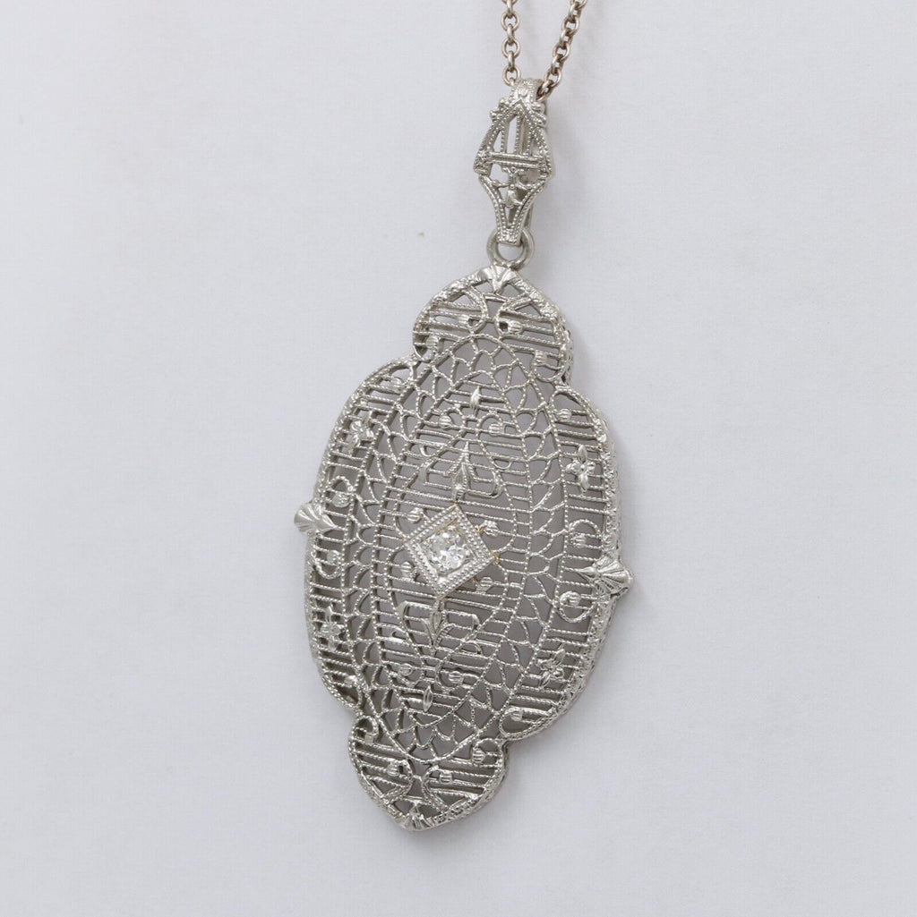 Art Deco 14K White Gold Filigree Diamond Pendant Necklace