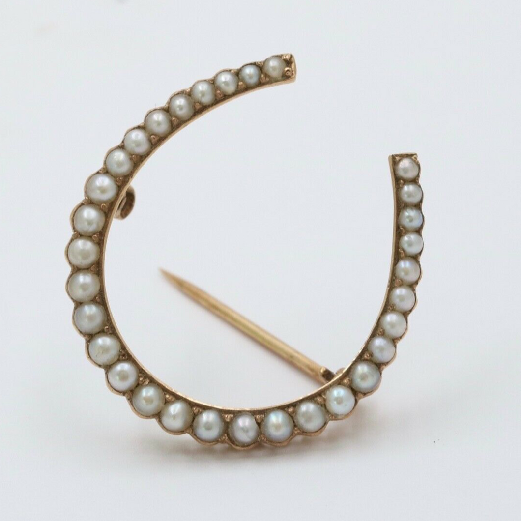 Antique 14K Yellow Gold Split Pearl Horseshoe Brooch, Pin.