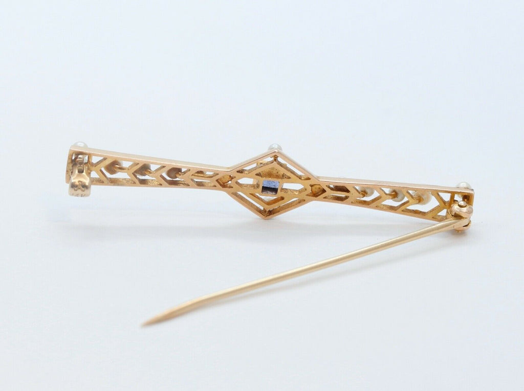 Art Deco 14K Yellow Gold Blue Sapphire Pearls Brooch Pin