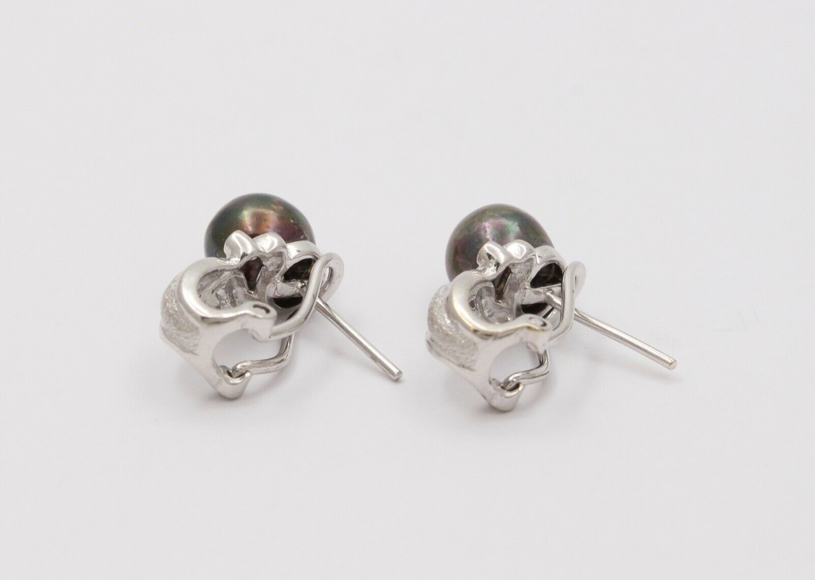 Vintage Tahitian Black Pearls Diamonds 14K White Gold Earrings
