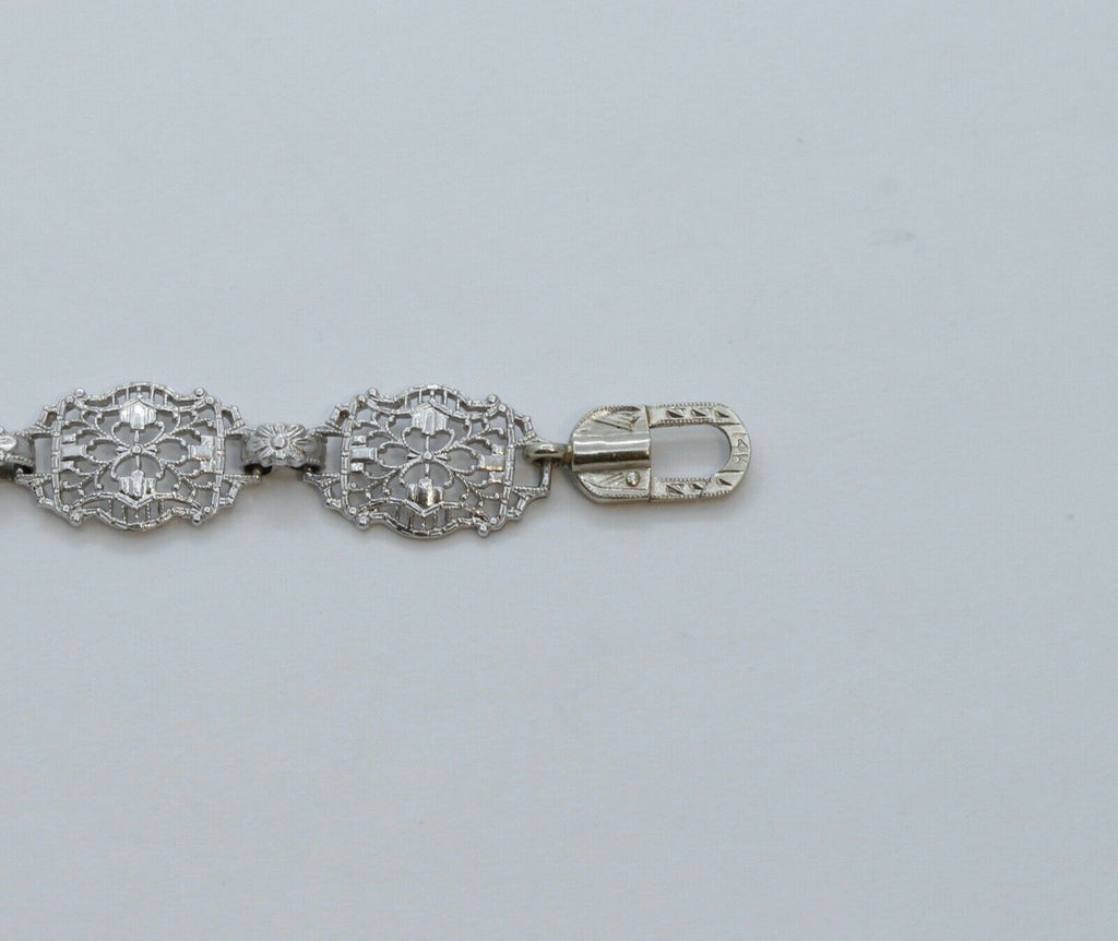 Art Deco Sapphires Diamonds Art Glass 14K White Gold Filagree Bracelet