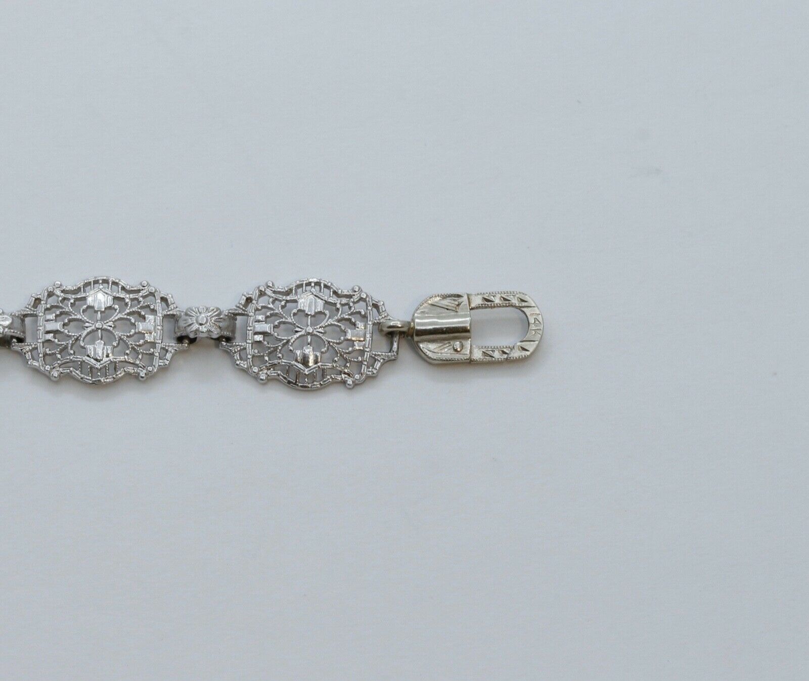 Art Deco Sapphires Diamonds Art Glass 14K White Gold Filagree Bracelet