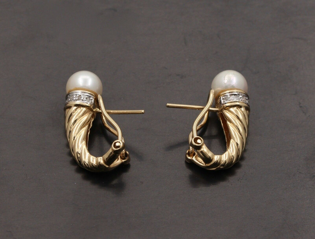 Vintage Shrimp Style Pearl Diamonds 14K Yellow White Gold Earrings