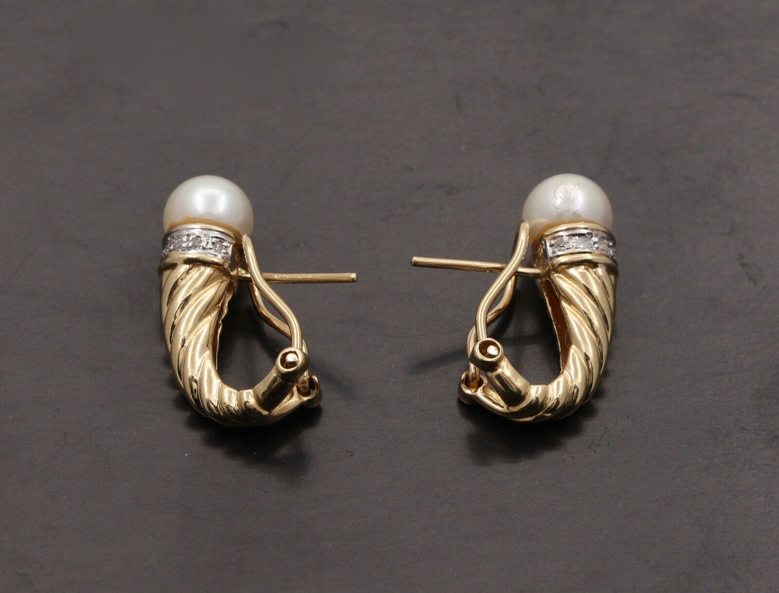 Vintage Shrimp Style Pearl Diamonds 14K Yellow White Gold Earrings