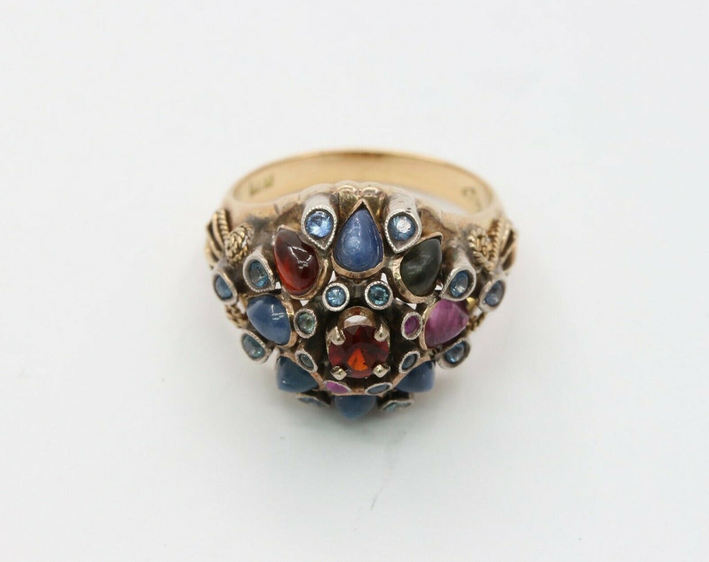 Vintage 18K Gold Sapphire, Garnet, and Ruby Cluster Ring