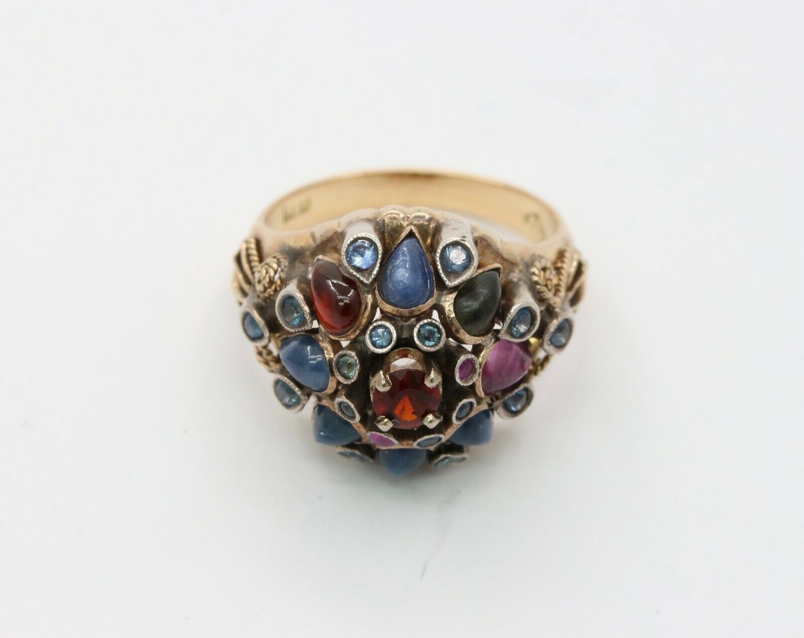 Vintage 18K Gold Sapphire, Garnet, and Ruby Cluster Ring