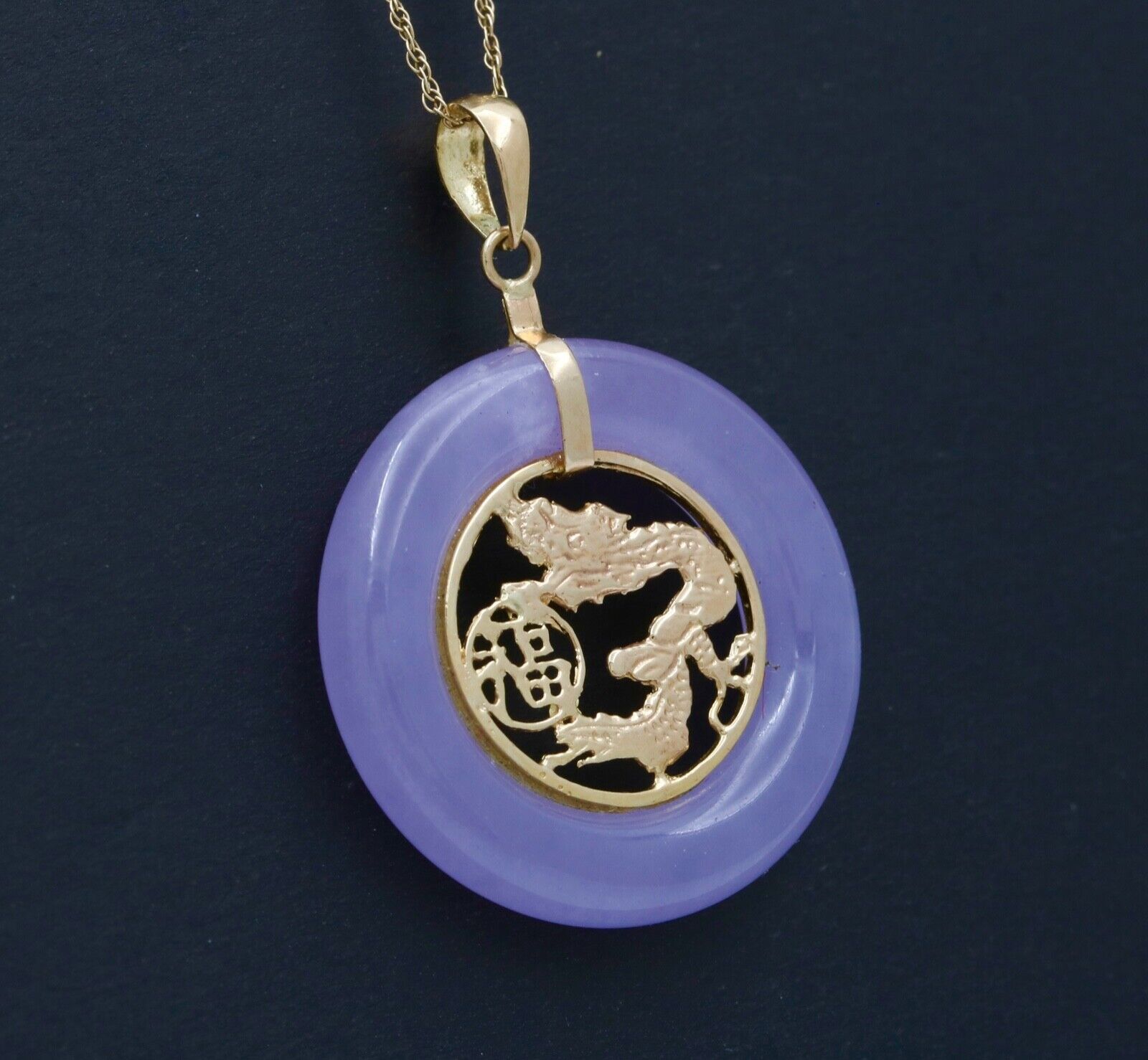 Vintage 14K Gold Lavender Jade Dragon Good Luck Fortune Pendant