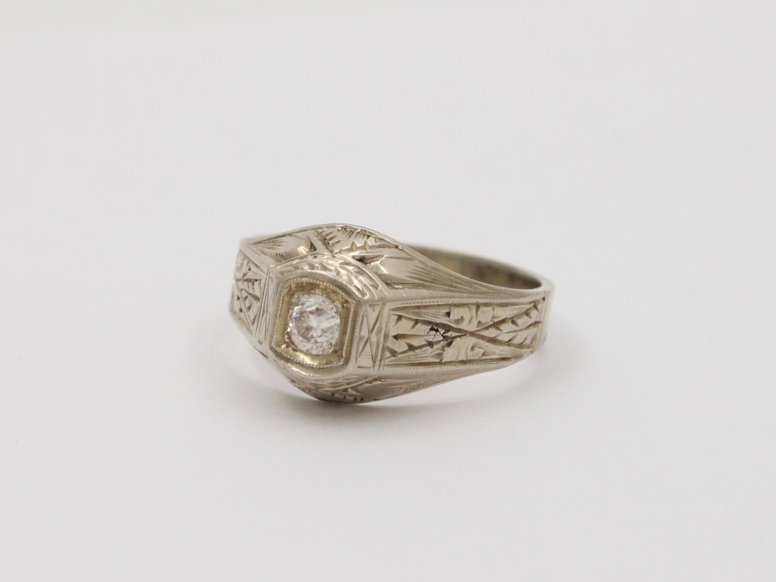 Art Deco Diamond 18K White Gold Ring Band, Engagement Ring