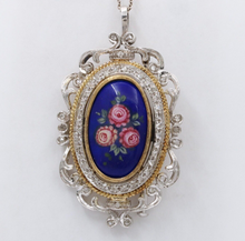 Load image into Gallery viewer, Vintage Italian 18K Gold Flower Painted Porcelain Diamond Pendant Brooch
