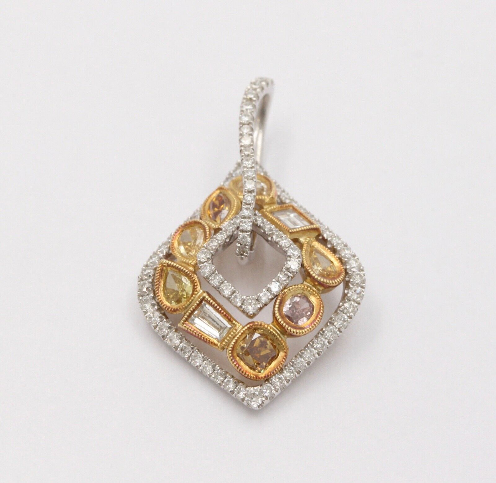 Parade Multi Color Diamond 18K White & Yellow Gold Pendant, Necklace. Estate