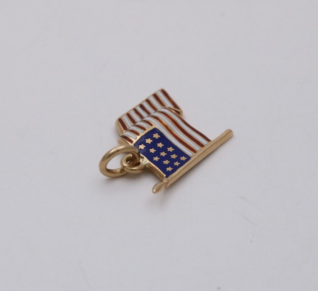 Vintage American Flag 14K Yellow Gold Enamel Pendant Charm