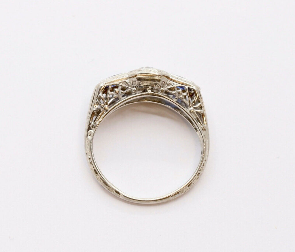 Art Deco 18K White Gold Diamond & Synthetic Sapphire Ring
