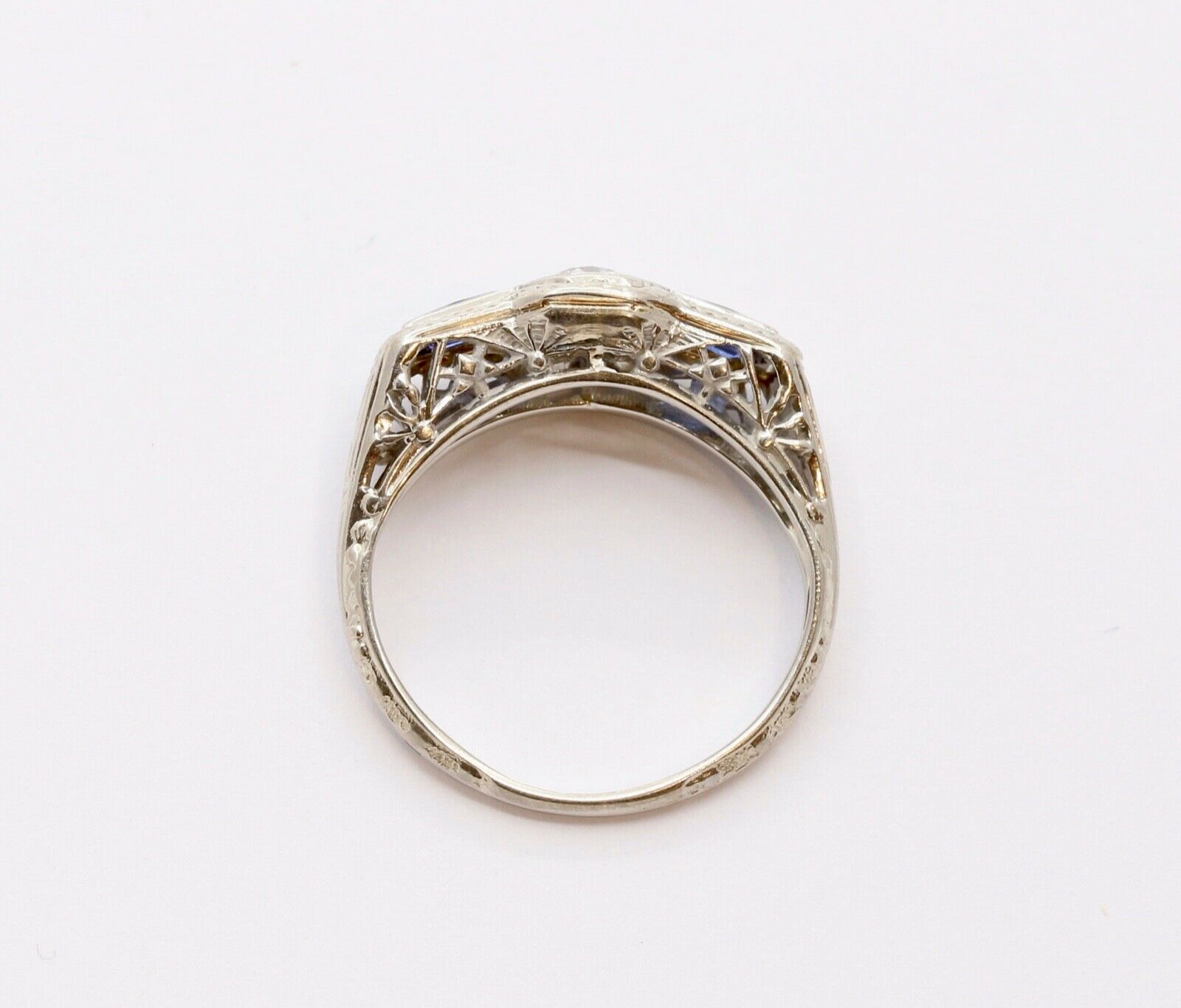 Art Deco 18K White Gold Diamond & Synthetic Sapphire Ring