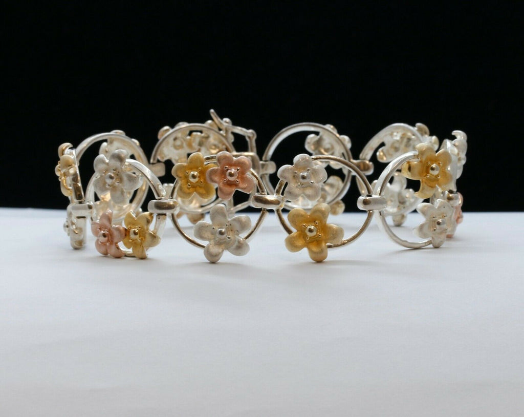 Vintage Sterling Silver Tri Tone Floral Bracelet
