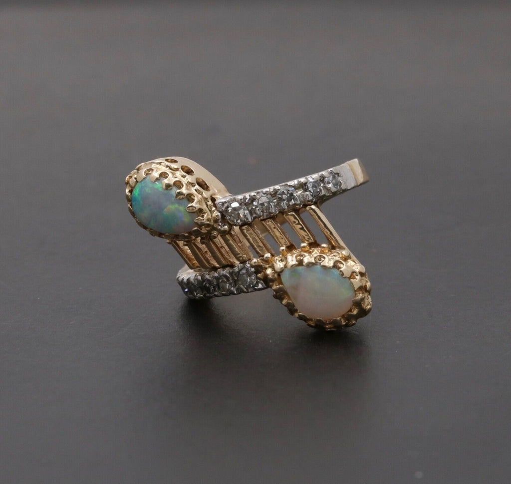 Vintage Geometric Bypass Opal Diamonds 14K Yellow Gold Ring