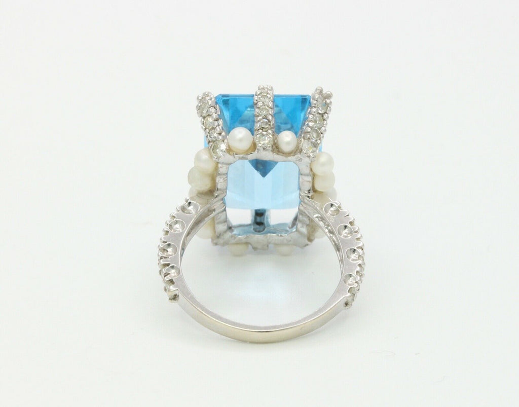 Elegant Retro Emerald Cut Blue Topaz Diamonds Pearls 18K White Gold Ring