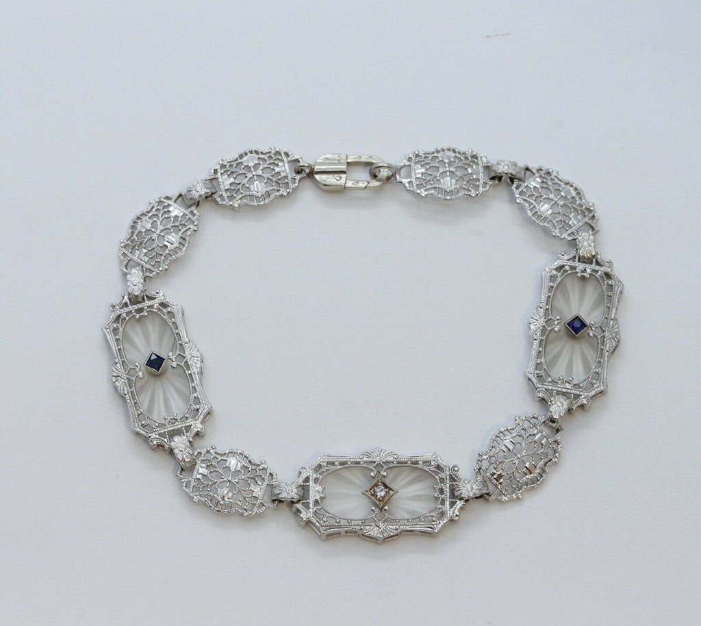 Art Deco Sapphires Diamonds Art Glass 14K White Gold Filagree Bracelet