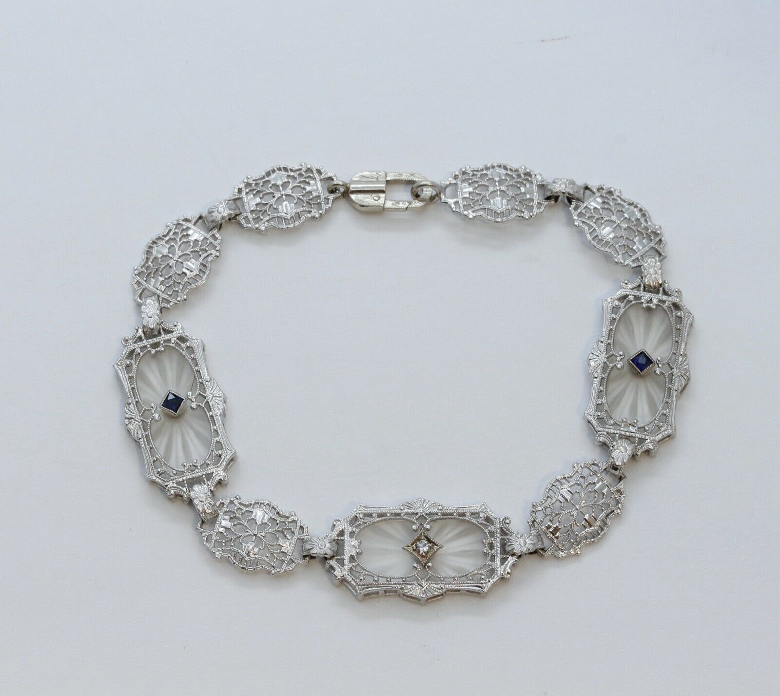 Art Deco Sapphires Diamonds Art Glass 14K White Gold Filagree Bracelet