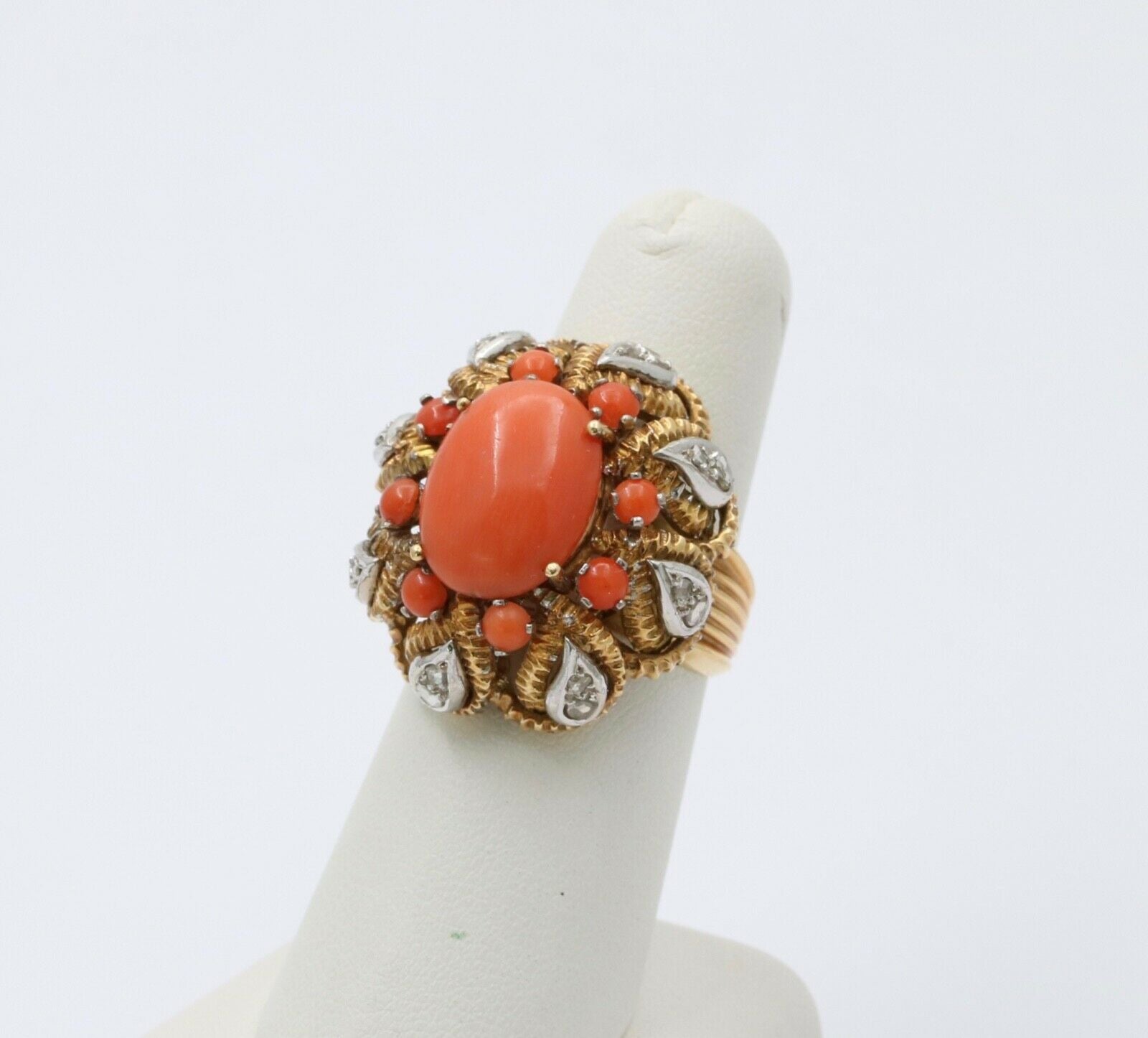 Vintage Statement Cocktail Coral Rose Cut Diamonds 18K YG WG Ring