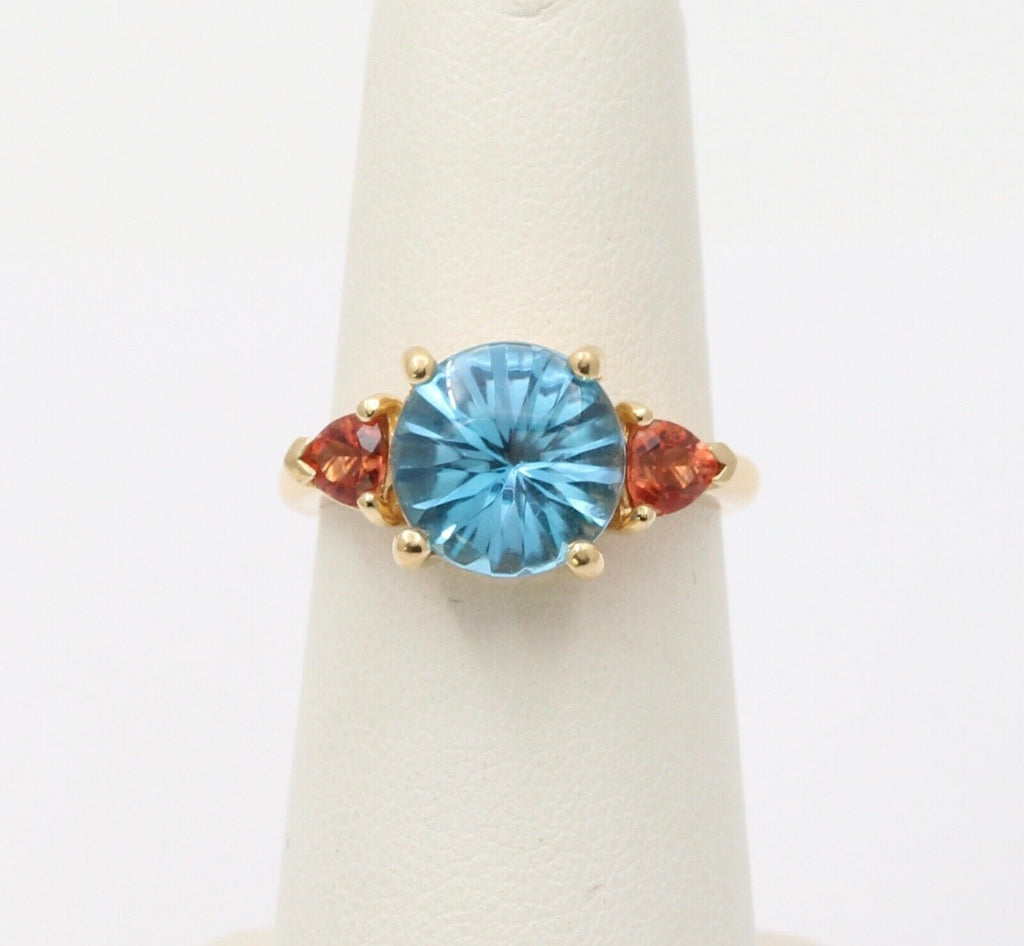 Vintage Fancy Cut Blue Topaz Madeira Citrine 14K Yellow Gold Ring