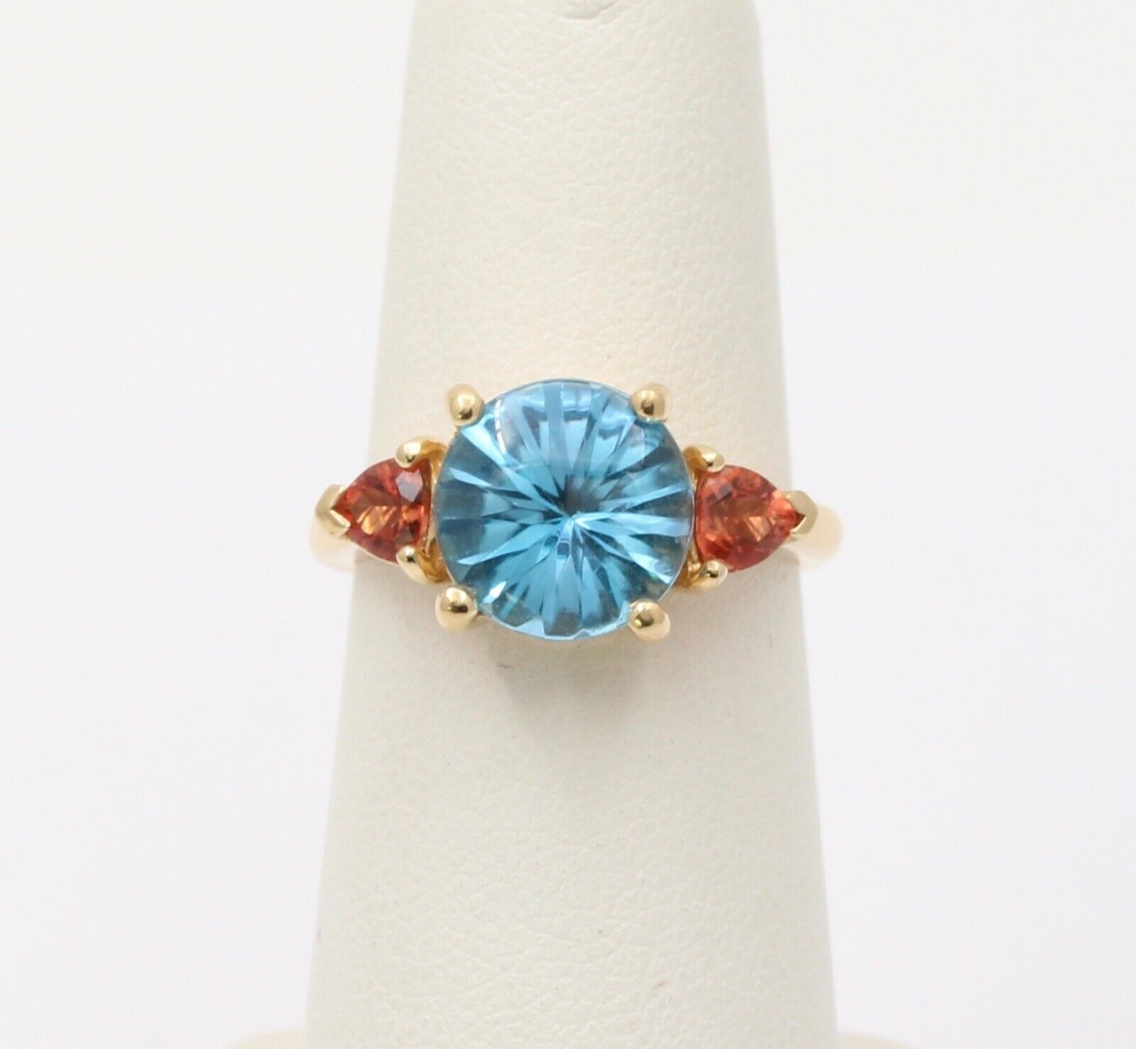 Vintage Fancy Cut Blue Topaz Madeira Citrine 14K Yellow Gold Ring