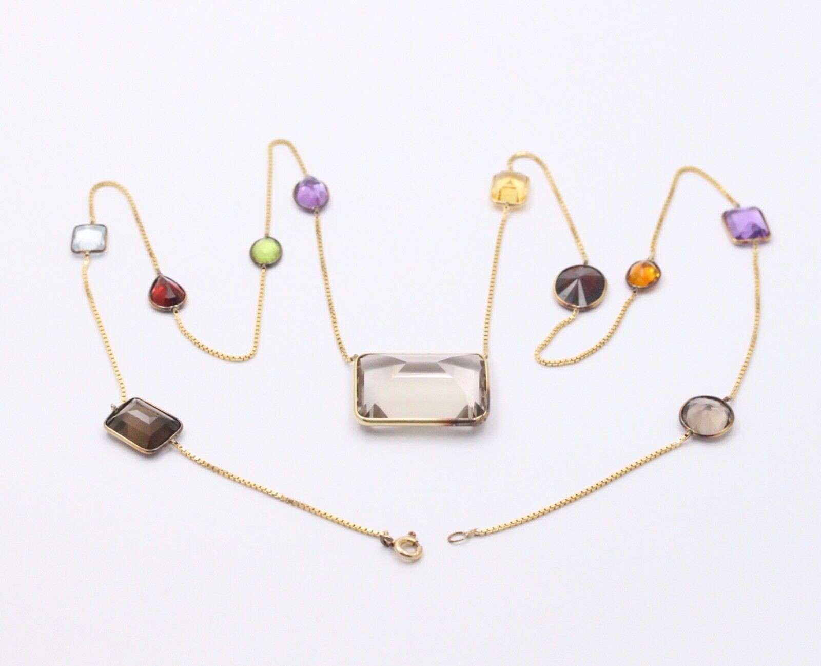 Vintage 14K Yellow Gold Smoky Quartz, Amethyst, Citrine,and Peridot Station Neck