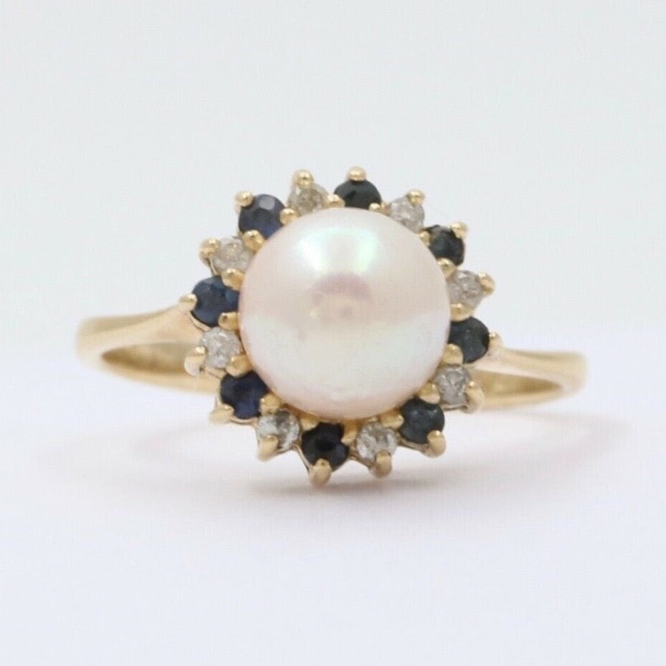 Vintage Pearl Sapphires Diamonds Cluster 14K Yellow Gold Ring