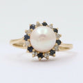 Vintage Pearl Sapphires Diamonds Cluster 14K Yellow Gold Ring
