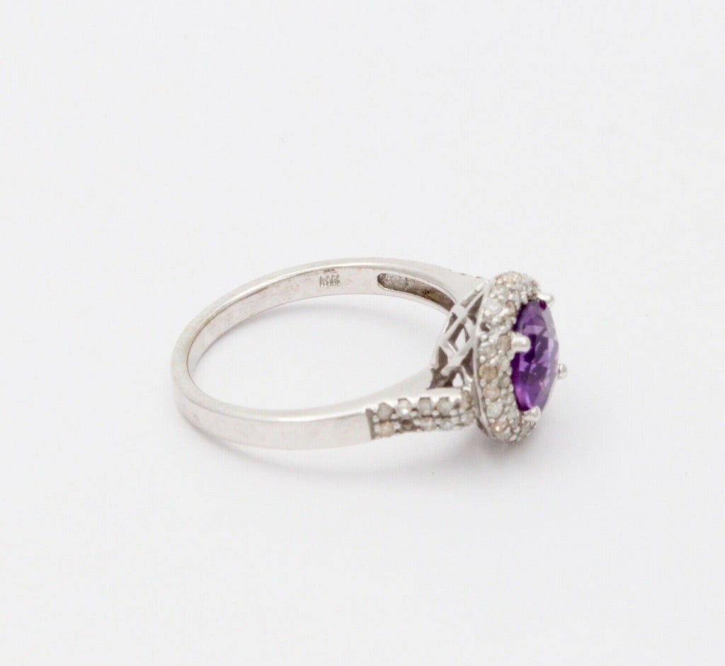 Vintage 14K White Gold Round Amethyst Diamond Halo Ring, Engagement Ring